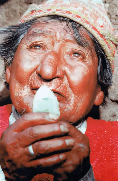 Foto di Don Benito Qoriwaman con un Kintu di tre foglie di coca in mano.