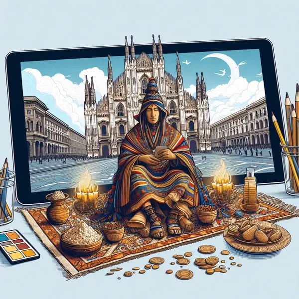 Illustrazione artistica di un Paqo Q'ero che esegue un Despacho andino davanti al Duomo di Milano.