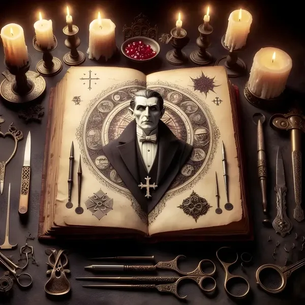 Immagine artistica di un antico libro che ritrae Dracula e numerosi misteriosi strumenti medici.