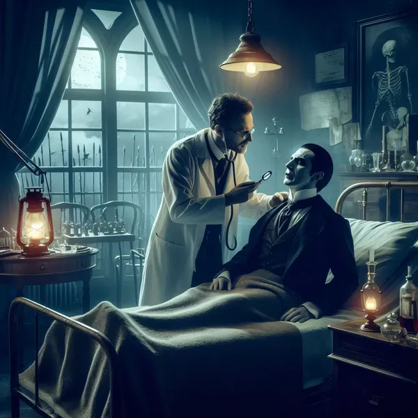 Immagine artistica rappresentante il Conte Dracula mentre viene visitato da un medico.