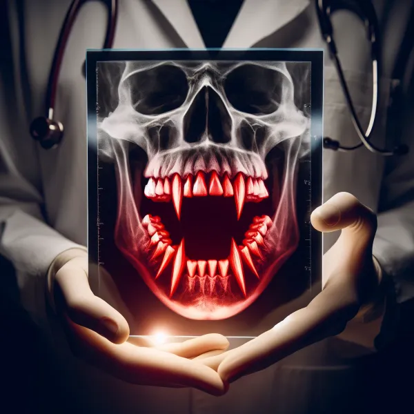 Immagine artistica di una radiografia dei denti di un vampiro sorretta dalle mani di un medico.