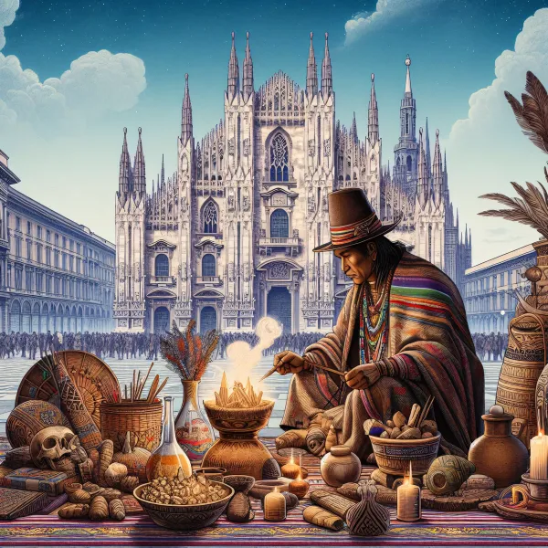 Immagine artistica rappresentante uno sciamano andino Q'ero e Piazza del Duomo a Milano.